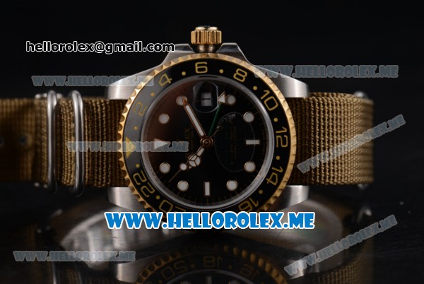 Rolex GMT-Master II Asia 2813 Automatic Steel Case with Black Dial and Army Green Nylon Strap Dot Markers - Click Image to Close